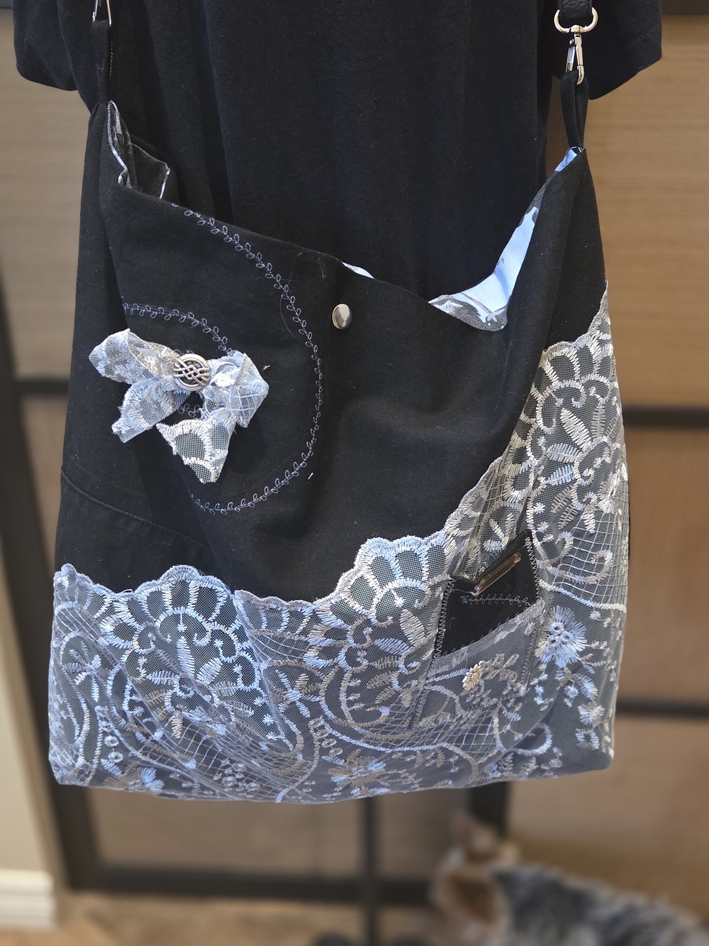 Black Denim Lace-Accent Crossbody Tote Bag By Twisted Sisters Stitches